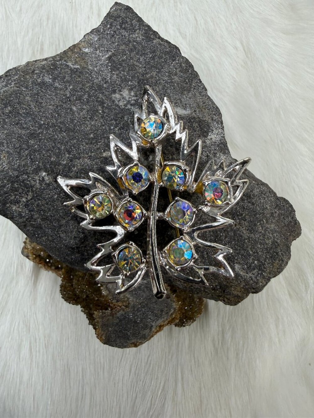 Vintage Silver Tone Leaf w/ Aurora Borealis Rhinestones Brooch 2" X 1.75"